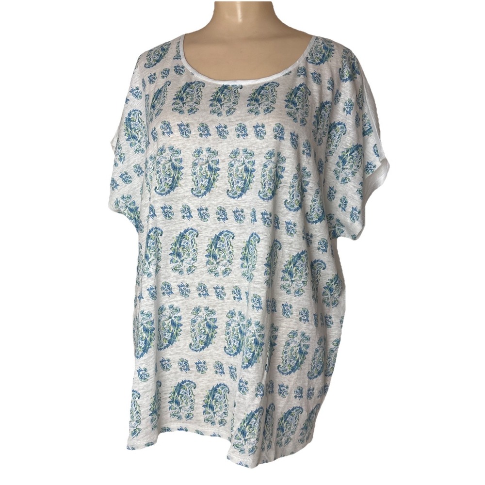J Jill Love Linen Blouse Womens XL Light  Floral Paisley White short sleeve New